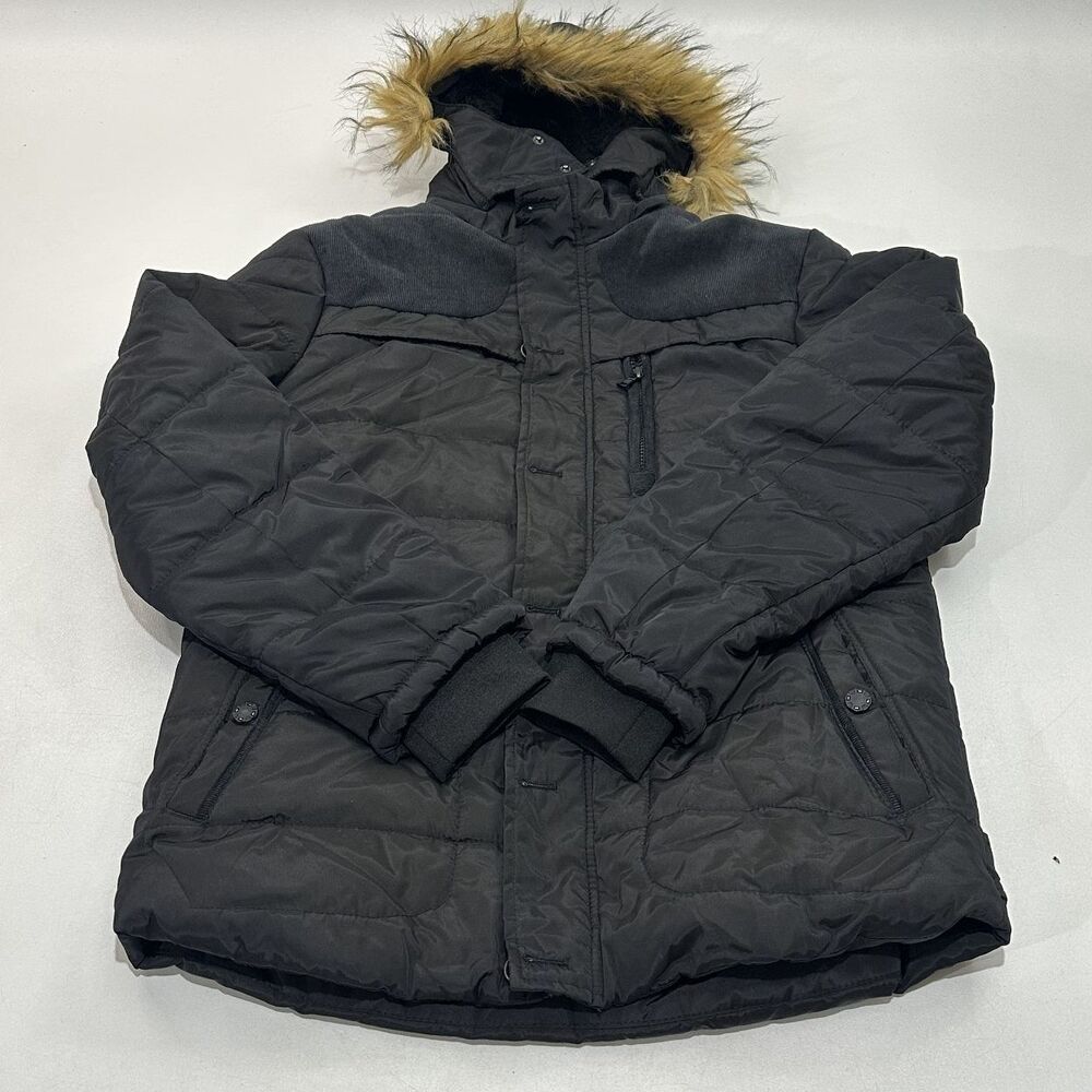 Men's Fashion Men's Hooded Parka Jacket Black Faux Fur Trim Hood, Size 2XL